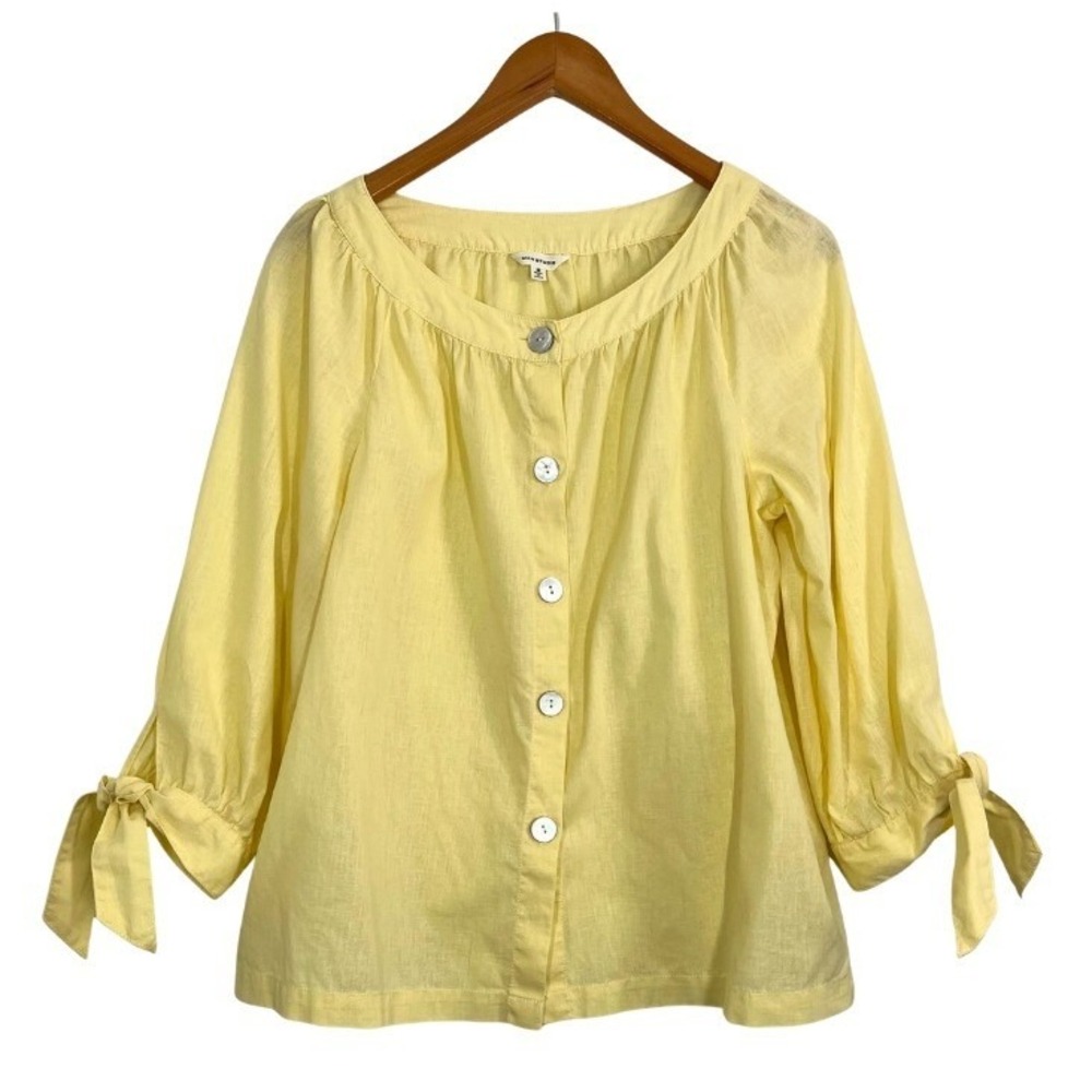 Max Studio Yellow Linen Cotton Peasant Blouse Top M Tie Sleeve‎ Button Front
